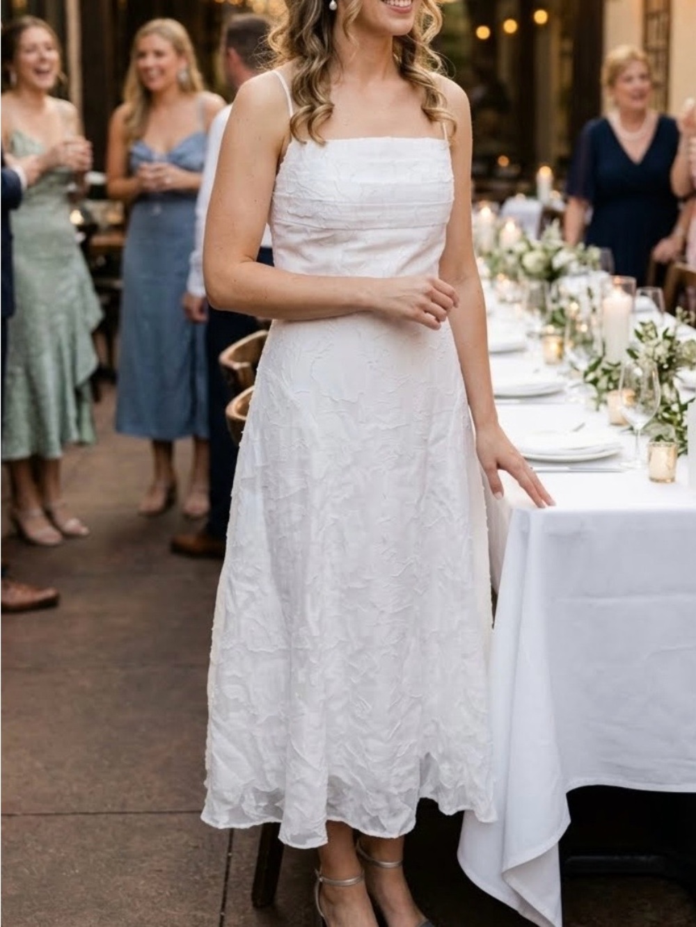 Square-Neck White Midi Dress with Textured Overlay